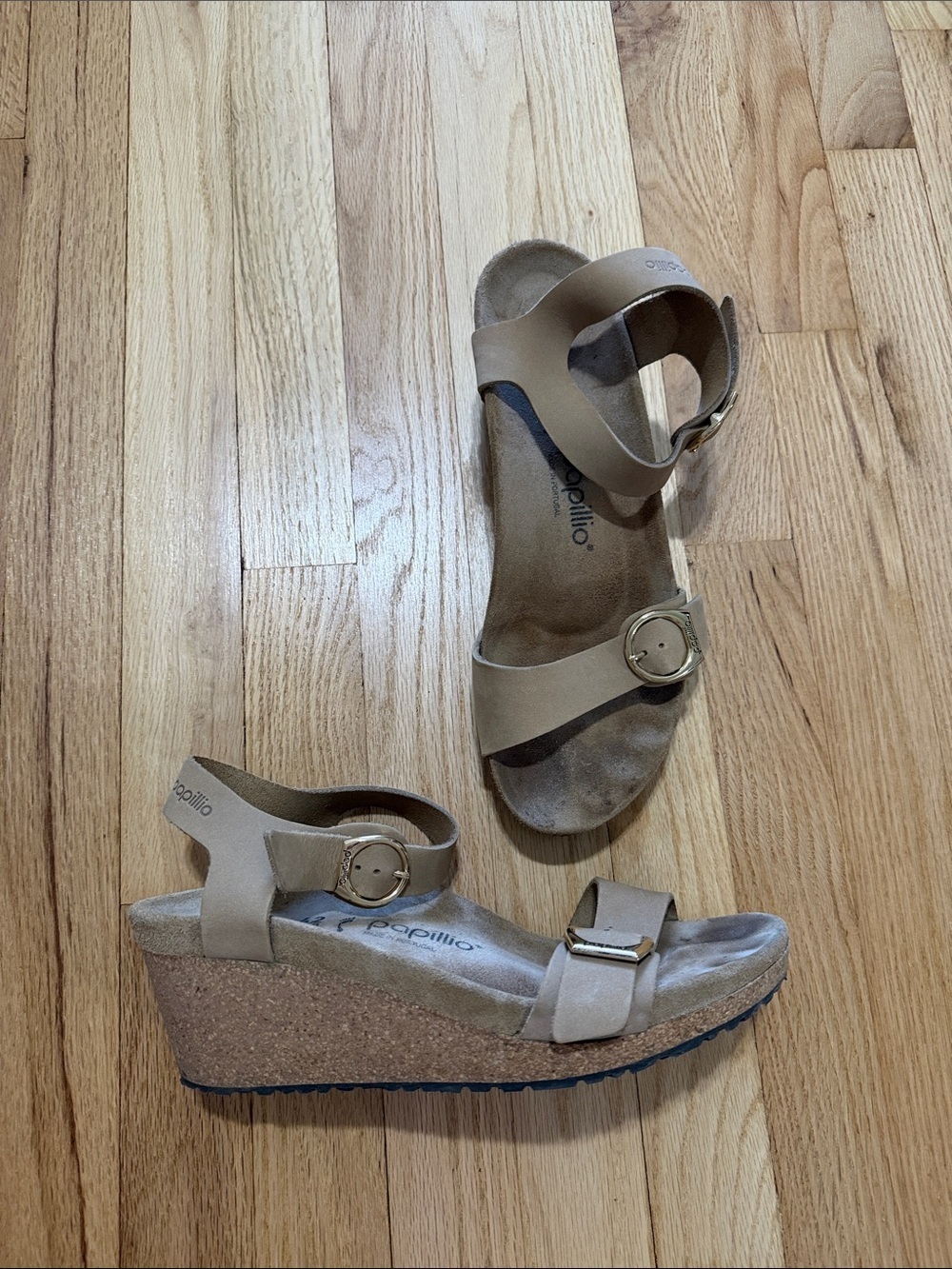 Birkenstock Papillio Soley Wedge Sandal Beige Nubuck Leather Sz 42